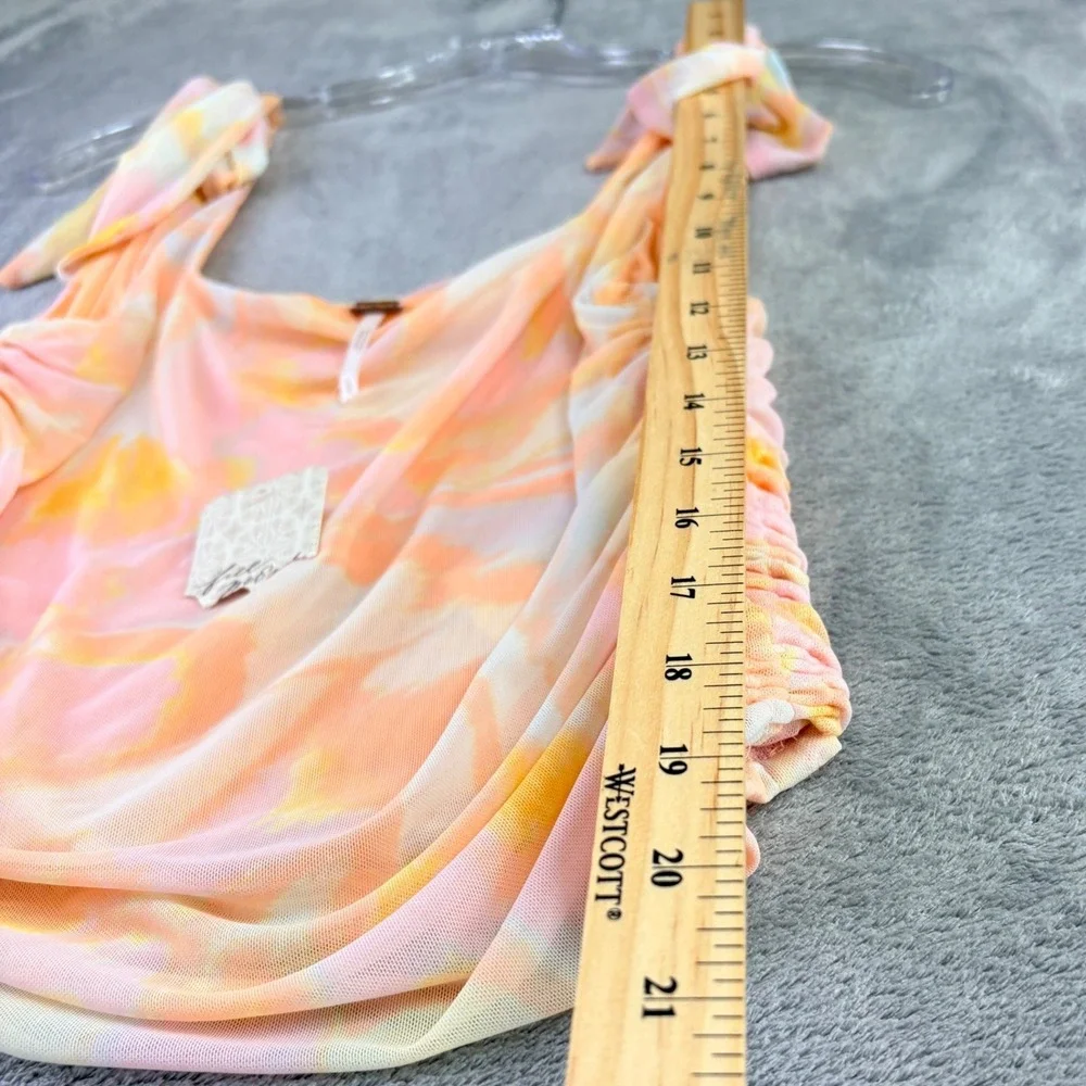 Free People L‎ Avenue Ivory Orange Ruched Mesh Tie Dye Tank Top Boho Summer NWT